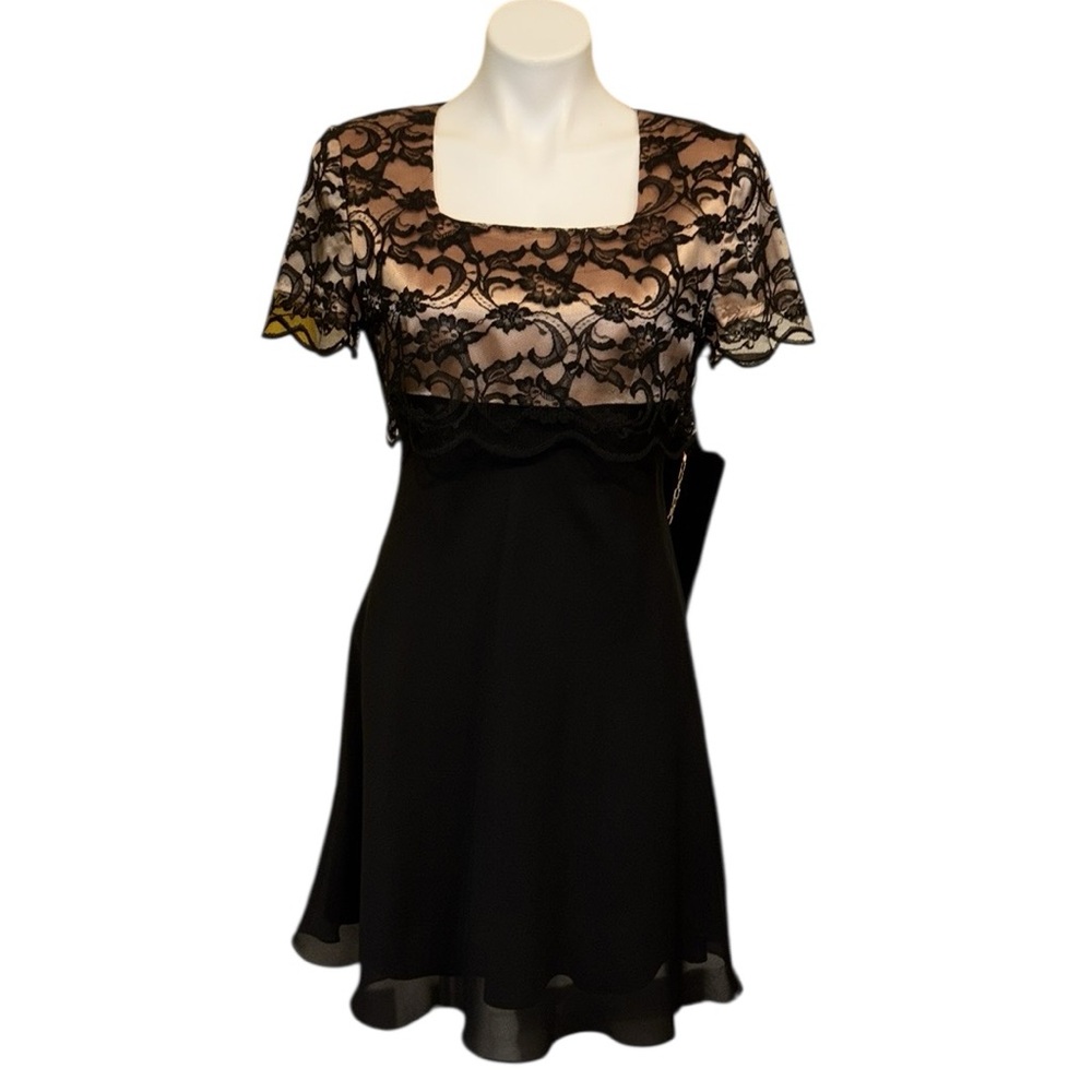 Donna Ricco Lace Overlay Dress in Black and Peach